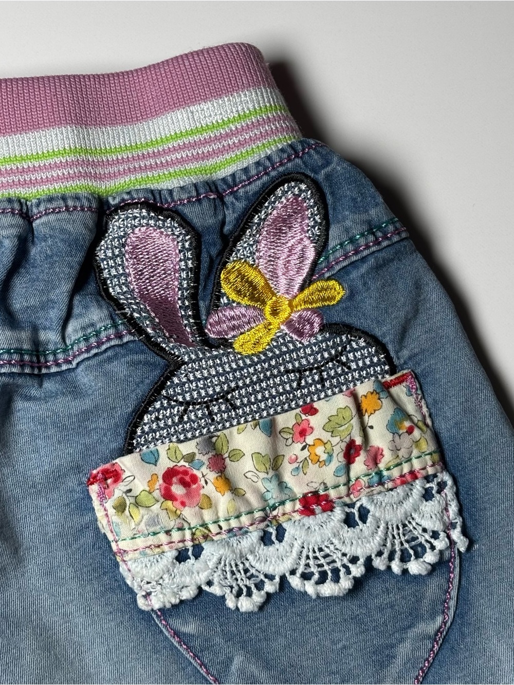 Girls Light Wash Denim Bunny Shorts Eyelet Lace Trim Elastic Waist Kawaii - Picture 7 of 10